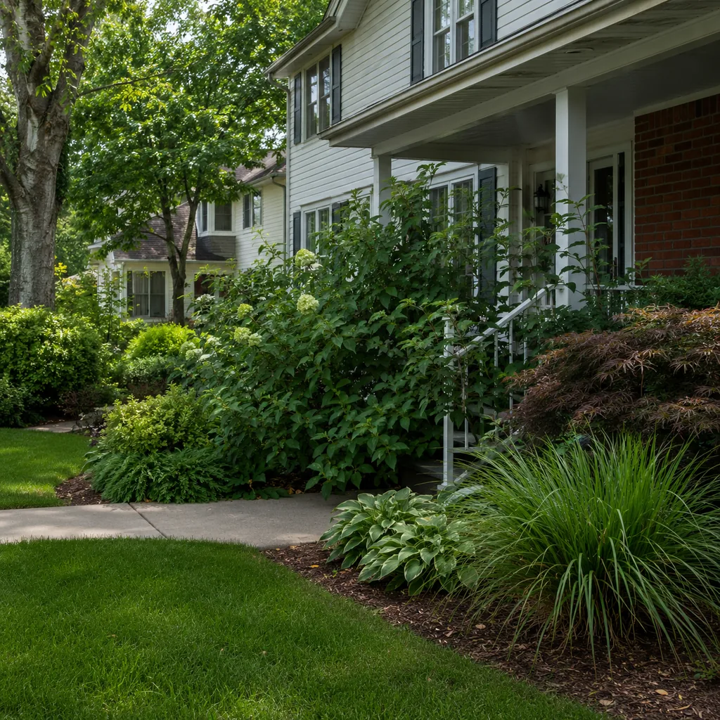 Realistic editorial photo of a landscaped American front yard with lawn, shrubs, mulch beds, trees, walkway, and house exterior showing plants blocking the porc