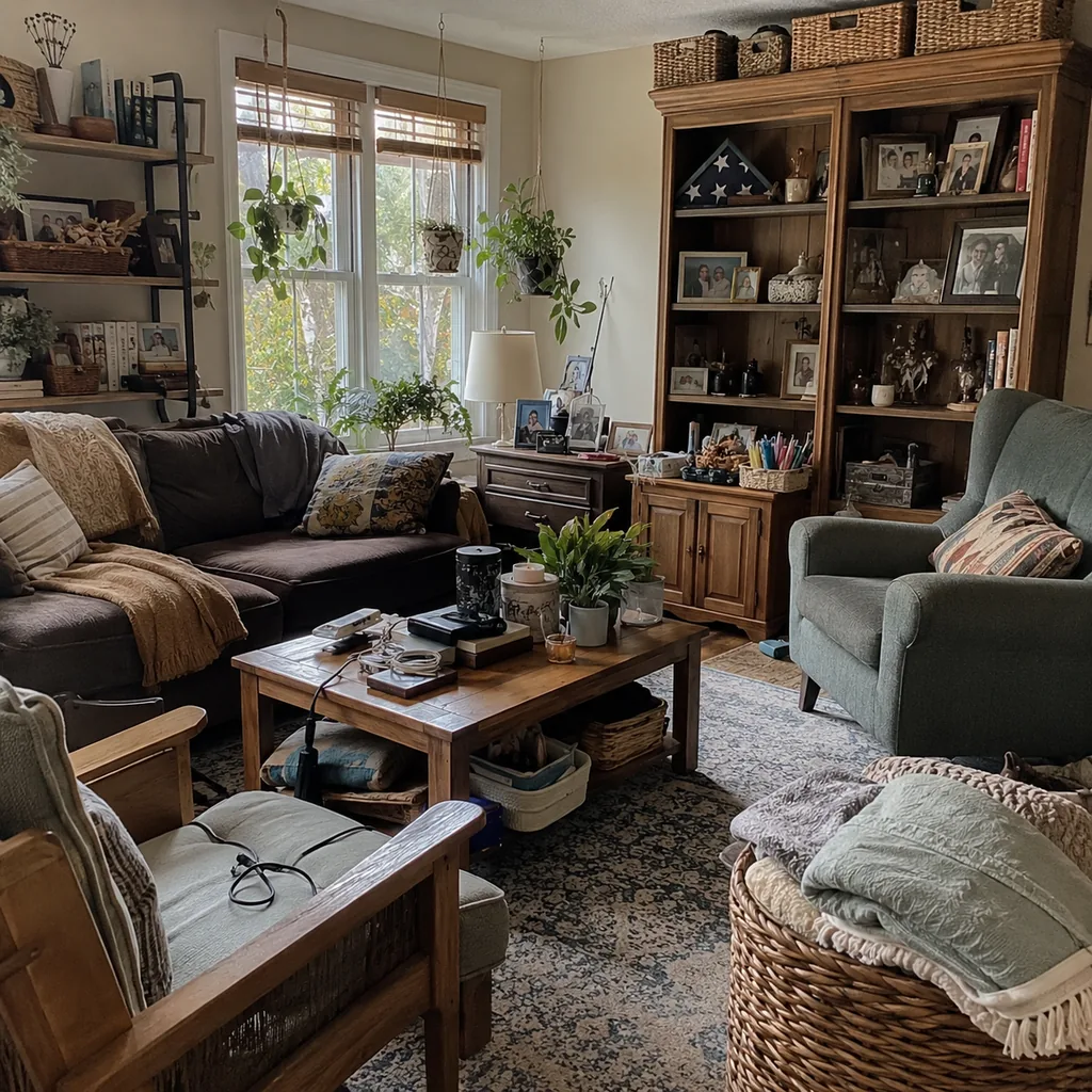 Realistic editorial photo of a living room with crowded surfaces, extra chairs, baskets, blankets, cords, and storage furniture showing keepsakes without a box 