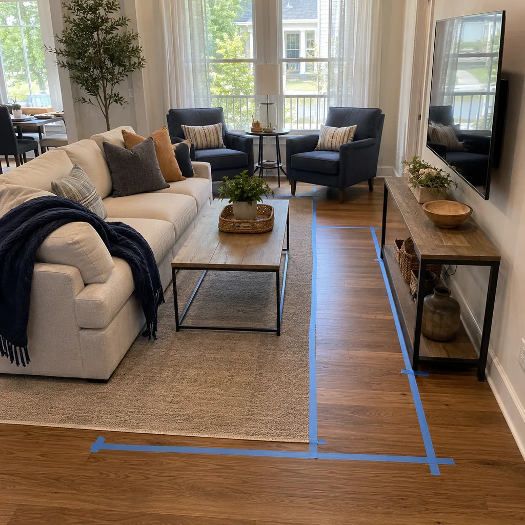 Realistic editorial photo of a living room with sofa, chairs, rug, TV, windows, and taped layout marks showing console narrow enough for the path