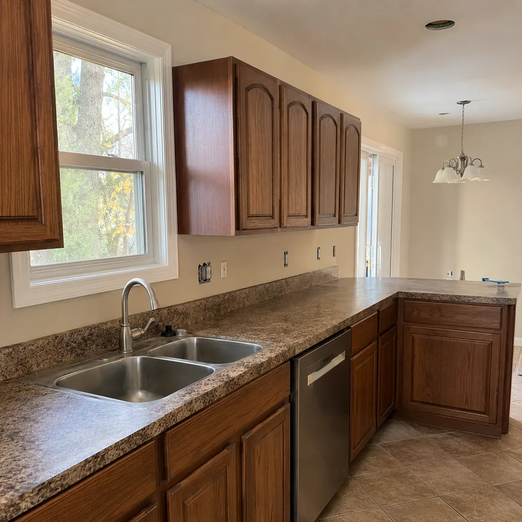Realistic editorial photo of a realistic American kitchen with sink, cabinets, appliances, counters, and inspection details showing under-cabinet lighting skipp