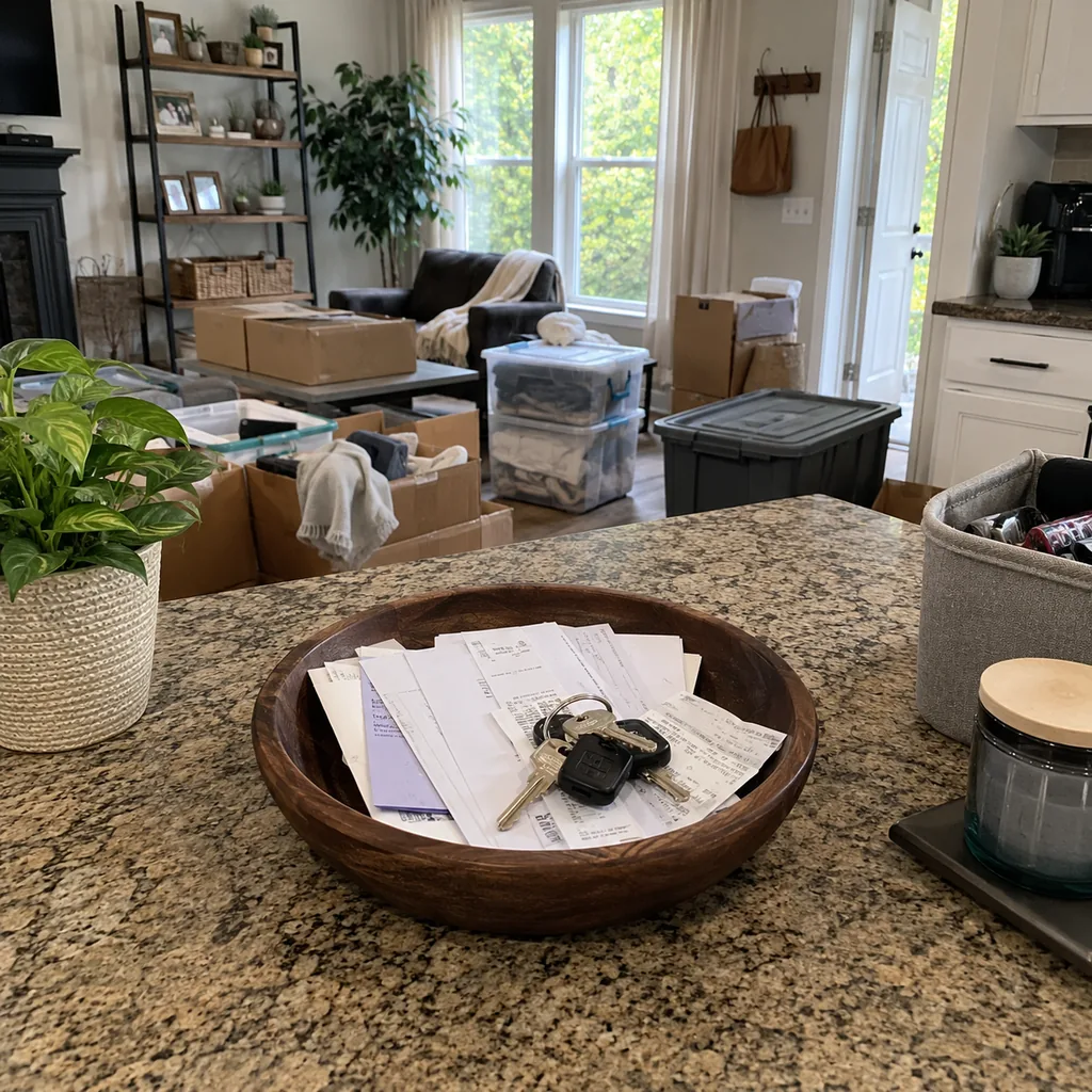 Realistic editorial photo of a realistic cluttered living room and kitchen area with boxes, counters, shelves, and organizing bins showing mail, keys, and recei