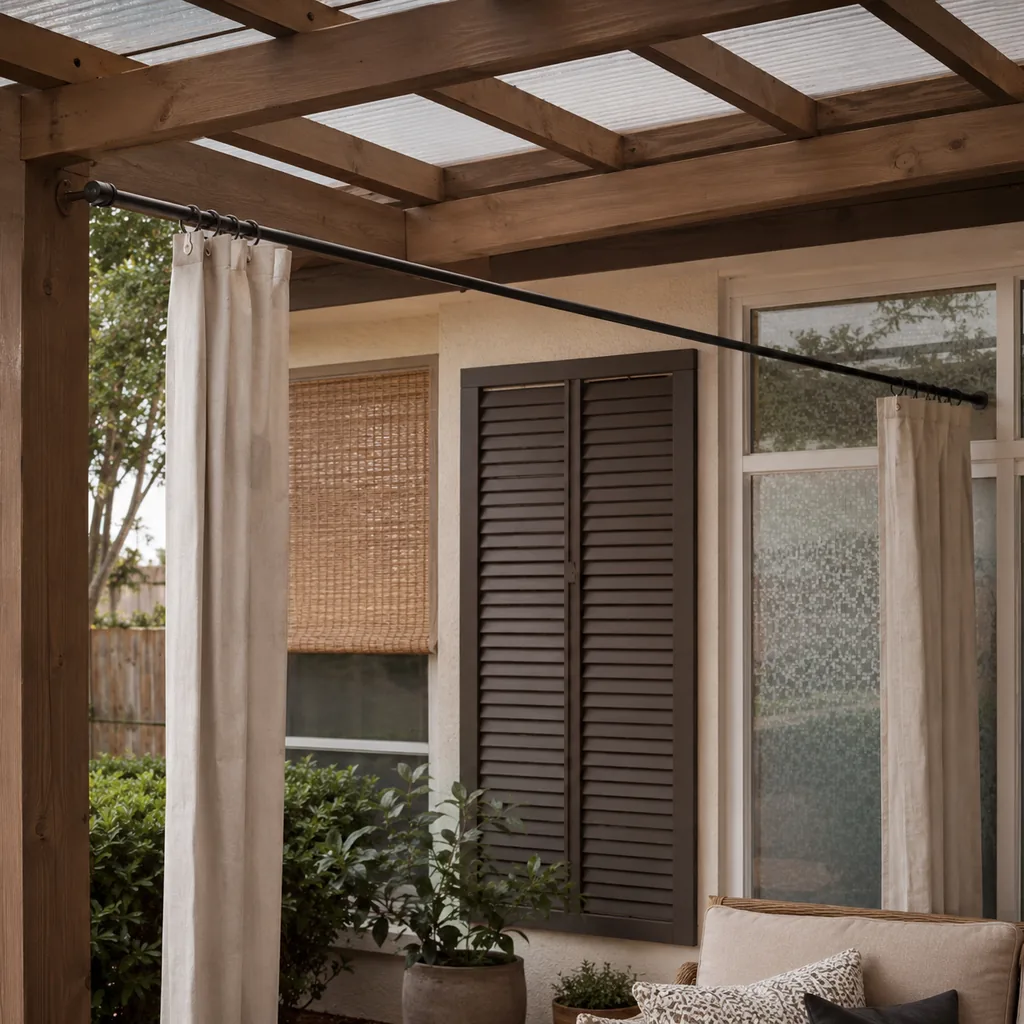 Realistic editorial photo of a room with windows, shades, shutters, woven panels, privacy film, and soft natural light showing pergola curtain rod with no suppo