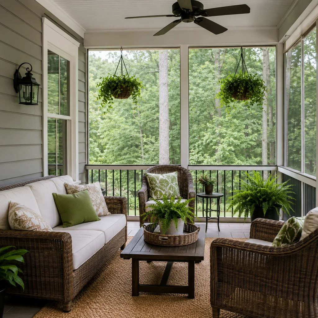 Realistic editorial photo of a screened porch with sofa, chairs, rug, plants, ceiling fan, screens, and soft daylight showing hanging baskets placed above head