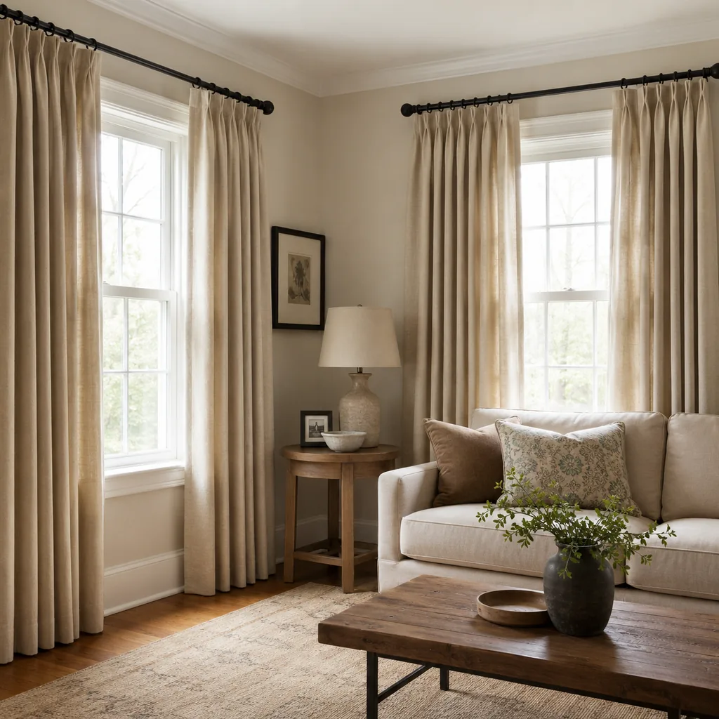 Realistic editorial photo of a small American room with windows, curtains, rods