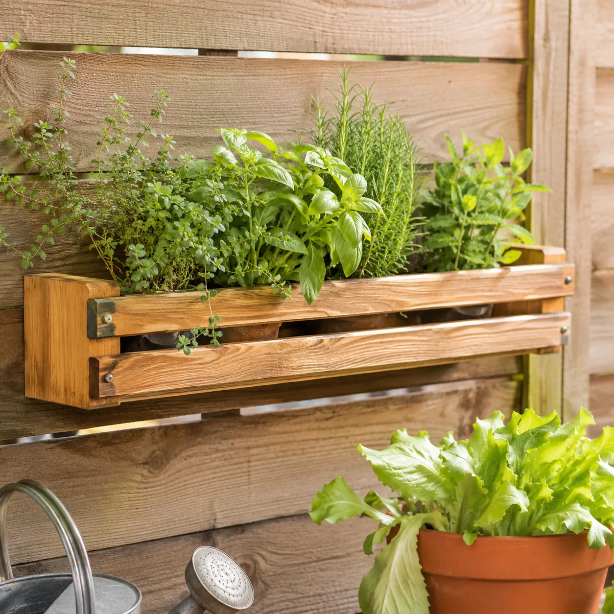 Realistic editorial photo of a small herb rail planter in budget backyard weekend upgrade, realistic editorial photo, na