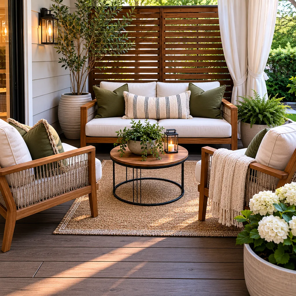 Realistic editorial photo of a small patio with compact seating, outdoor rug, plants, side table, curtains, and privacy screen showing rug too small for the sea