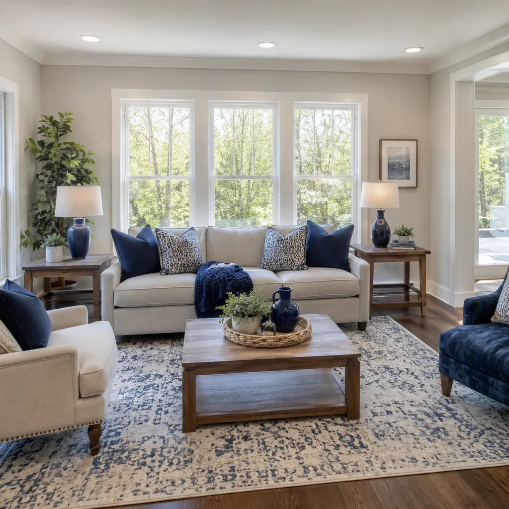 Realistic editorial photo of a staged American living room with sofa, rug, windows, lighting, and buyer-facing details showing one strong accent color instead o