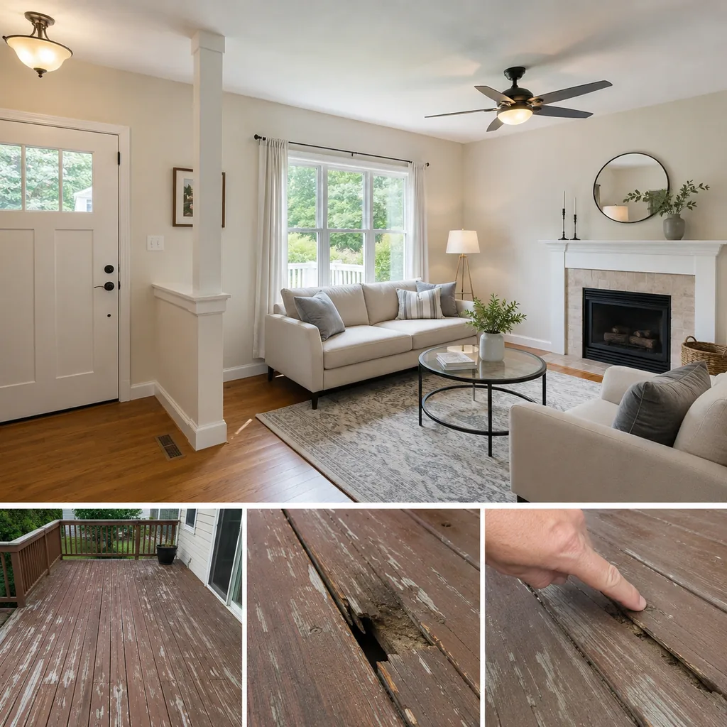 Realistic editorial photo of a staged home interior with living room, entry, lighting, furniture placement, and listing-photo details showing deck boards with s