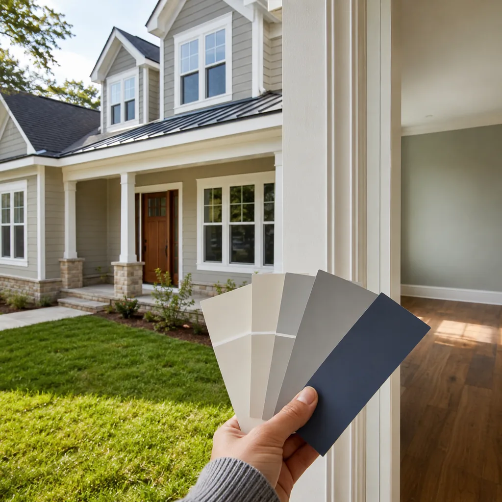 Realistic editorial photo of a suburban home exterior with siding, trim, roof, front door, lawn, and paint swatches showing choosing color for an empty room
