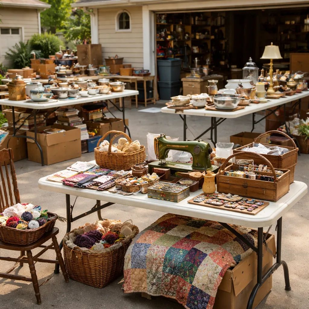 Realistic editorial photo of an American garage sale with folding tables, boxes, old kitchen items, furniture, and collectibles showing old quilting, sewing, or