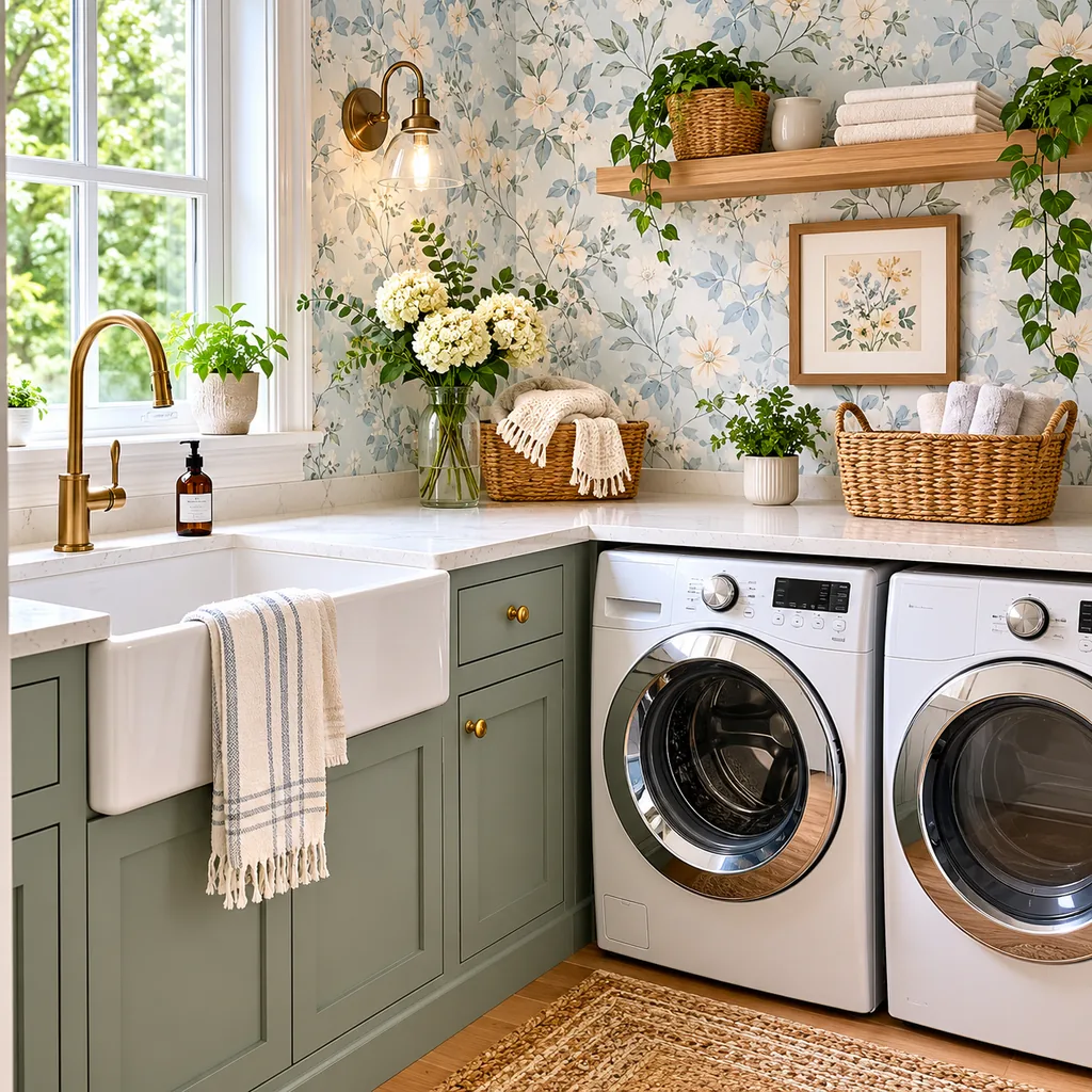 Realistic editorial photo of an American laundry room showing using delicate wallpaper near wet work