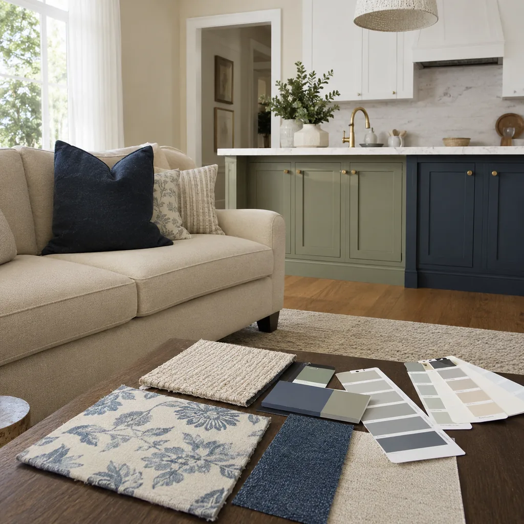 Realistic editorial photo of an American living room with paint swatches, sofa fabric, wall colors, and natural light showing cabinet paint fighting the counter