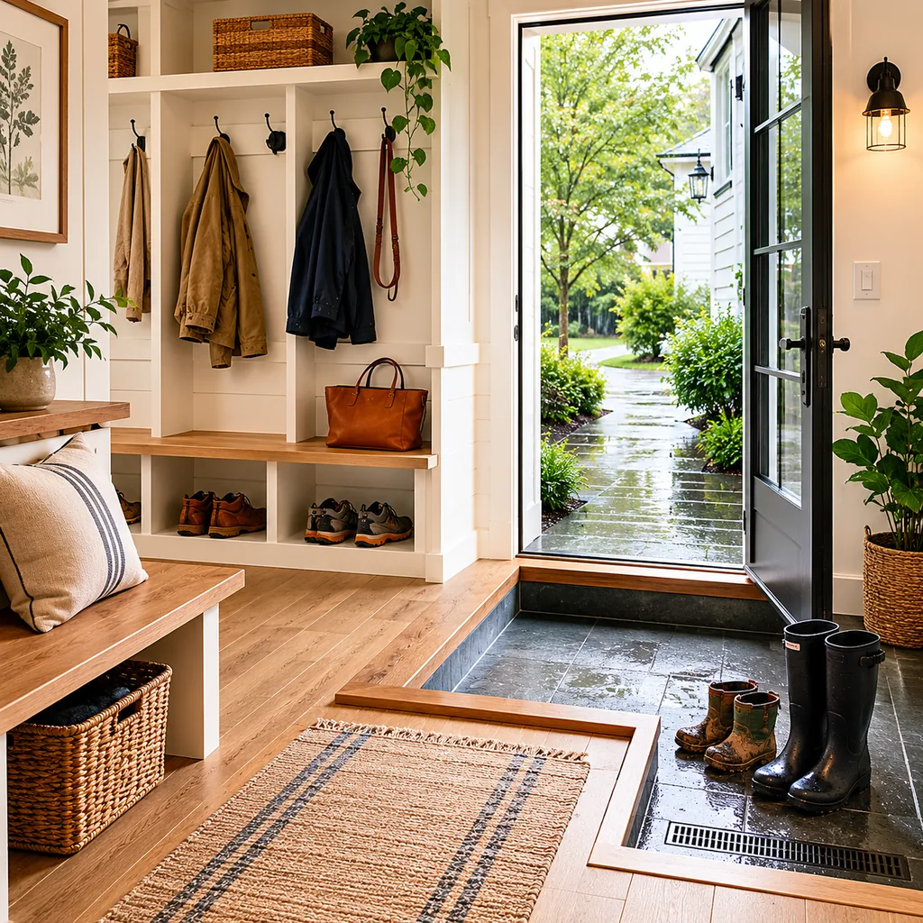 Realistic editorial photo of an American mudroom showing skipping a wet zone