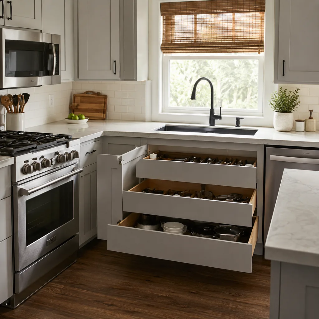 Realistic editorial photo of an American small kitchen showing using wide cabinets where narrow drawers work better