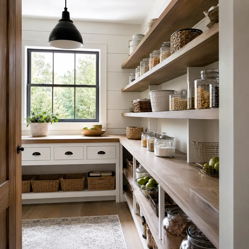 Realistic editorial photo of an American walk-in pantry showing skipping vertical dividers
