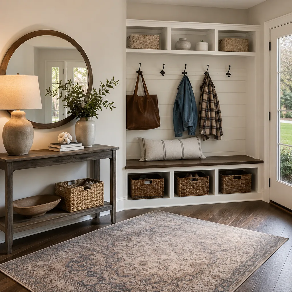 Realistic editorial photo of an entryway with console table, mirror, bench, hooks, rug, lighting, and storage showing built-in looking shelves from simple parts