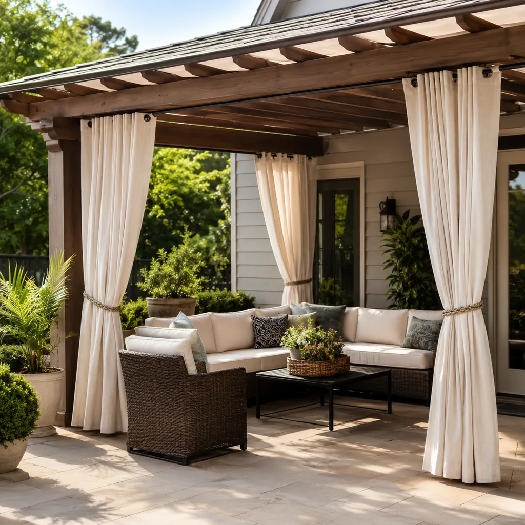 Realistic editorial photo of an outdoor patio with pergola curtains, seating, plants, fabric panels, and sunlight showing curtains that hide good trim