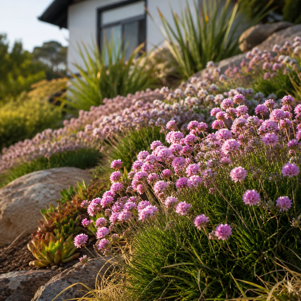 Realistic editorial photo of Armeria sea thrift growing in sloped front yard planted with controlled ground covers, real