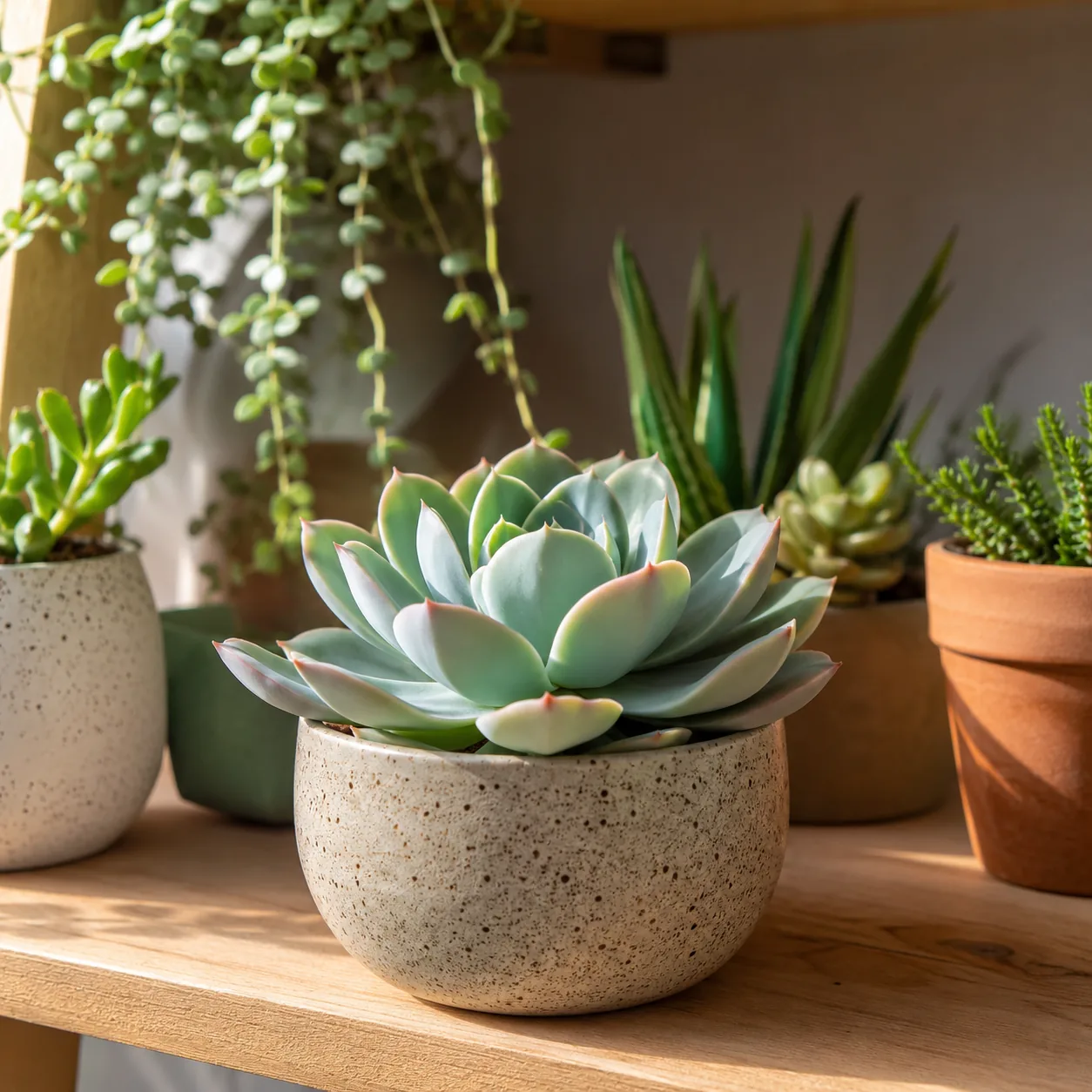 Realistic editorial photo of Echeveria growing in bright indoor shelf with low maintenance houseplants, realistic editor