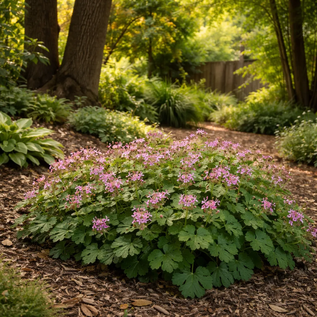 Realistic editorial photo of Geranium macrorrhizum growing in dry shady side yard under mature trees planted with shade 