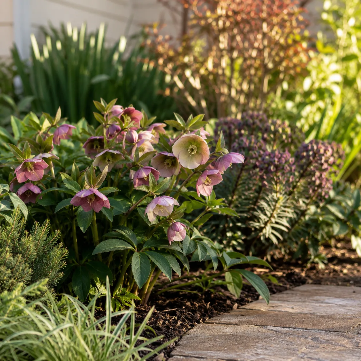Realistic editorial photo of Hellebore growing in front yard border with deer resistant flowering plants, realistic edit