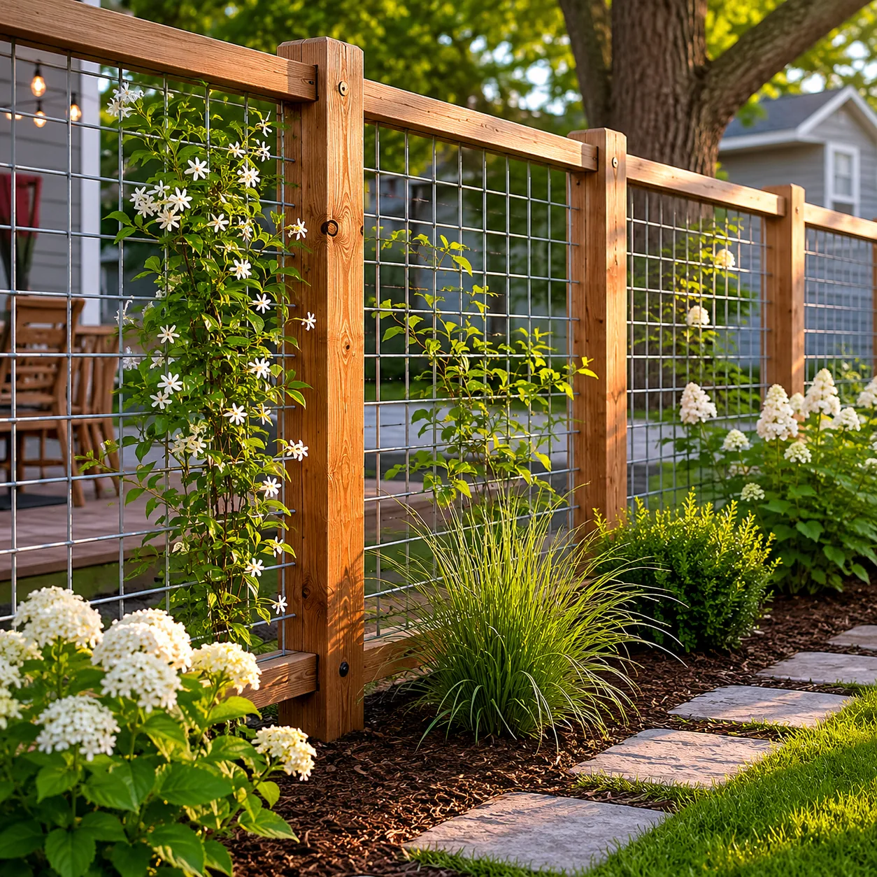 Realistic editorial photo of hog wire with wood frame in an ordinary backyard needing privacy, realistic editorial photo