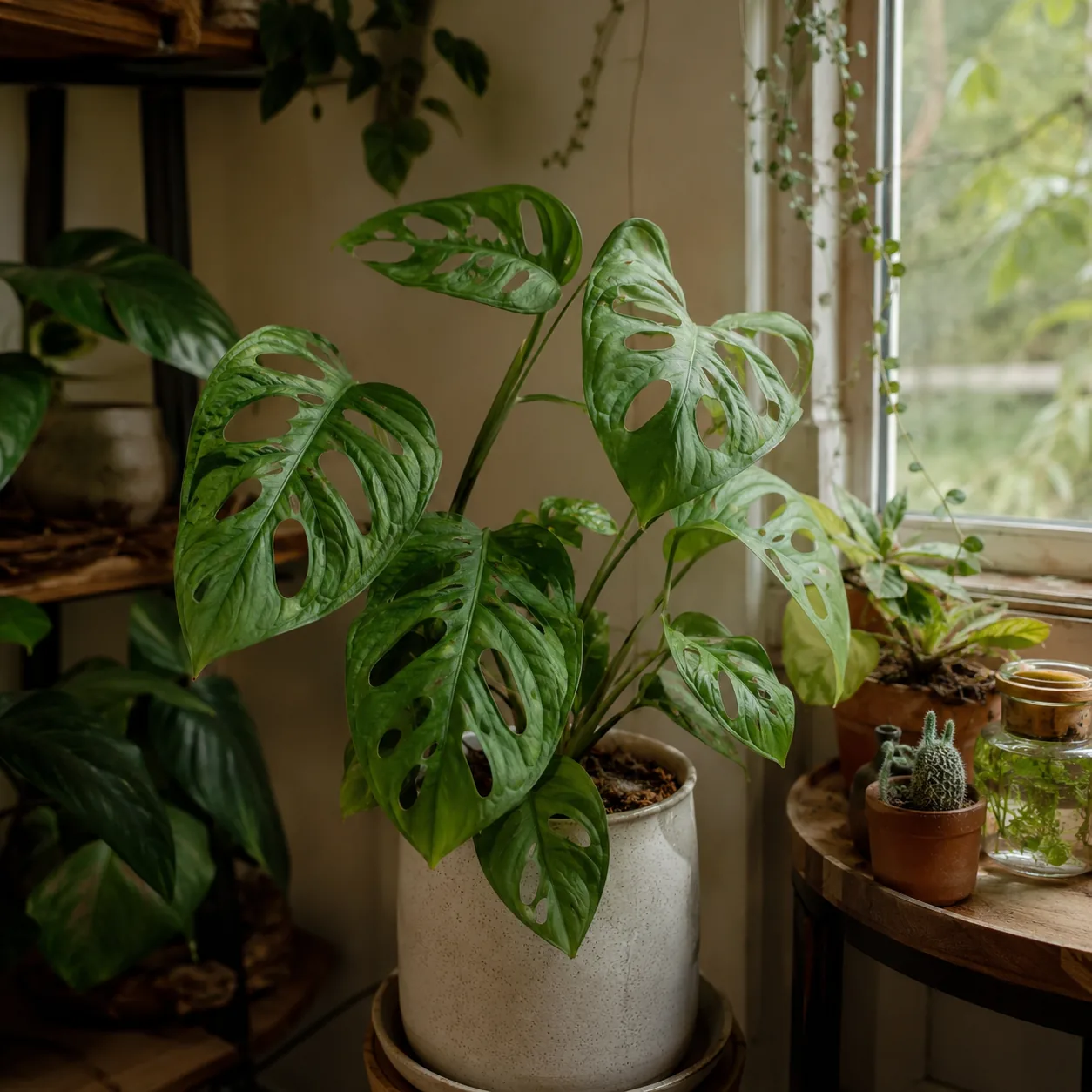 Realistic editorial photo of Monstera adansonii near a window growing in low light room corner with houseplants near a w