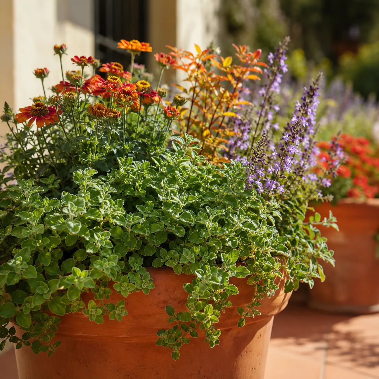 Realistic editorial photo of Oregano growing in sunny patio containers with heat tolerant flowering plants, realistic ed