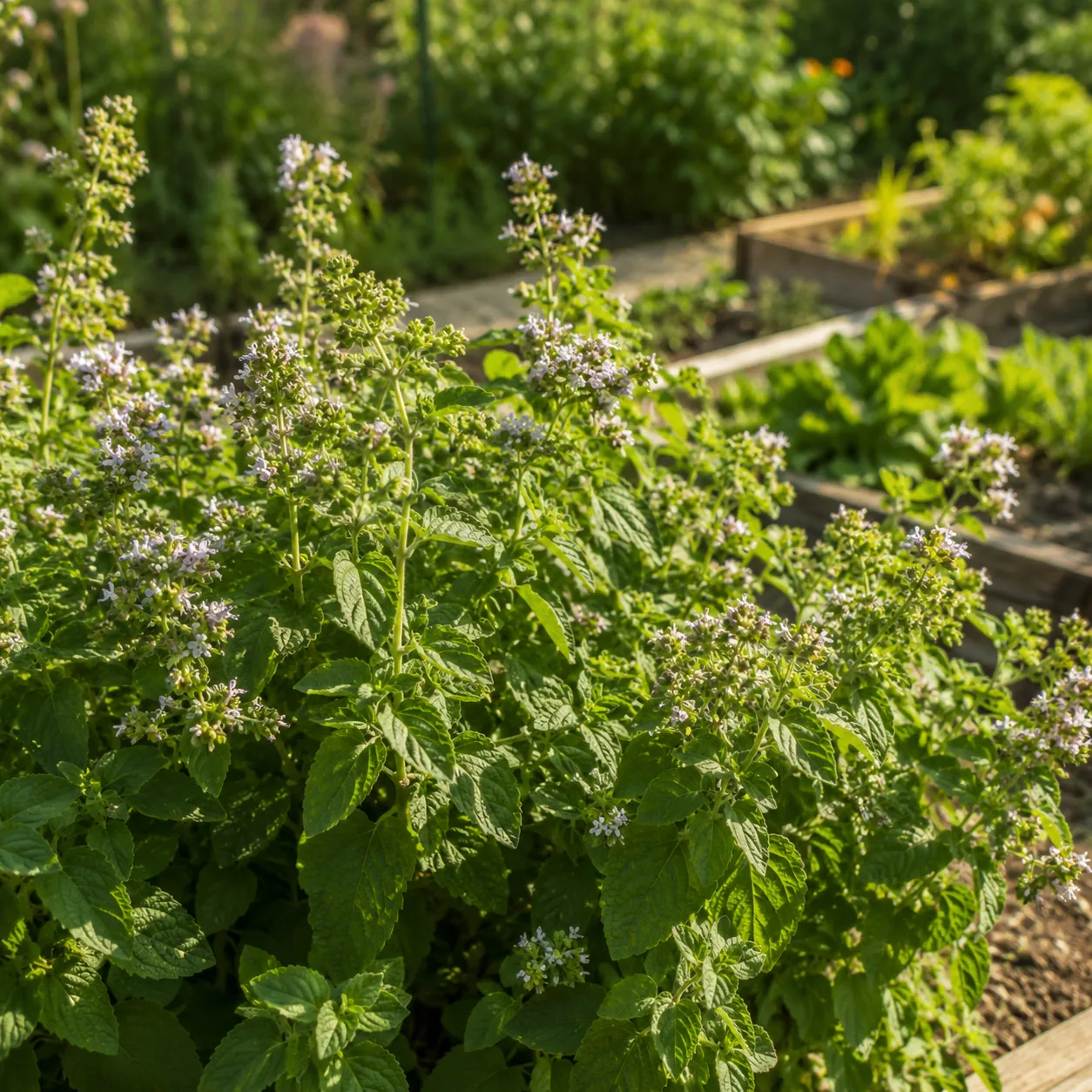 Realistic editorial photo of Oregano near sunny beds growing in a practical edible and flower garden, realistic editoria