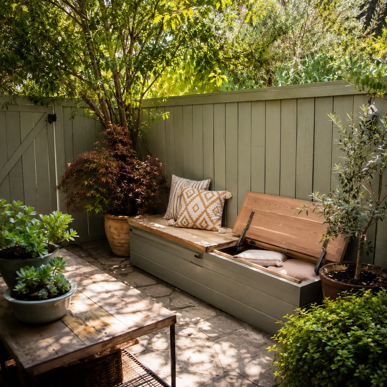 Realistic editorial photo of use built-in storage seating in small fenced backyard, realistic editorial photo, natural l