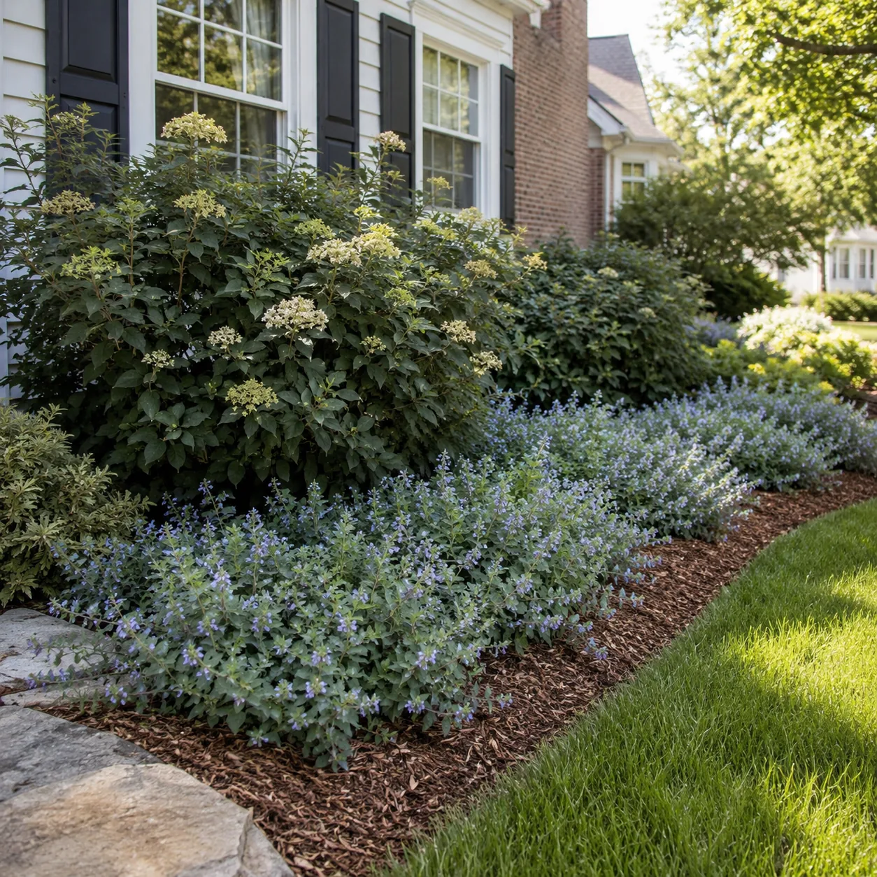 Realistic editorial photo of use ground cover under shrubs in polished suburban front yard, realistic editorial photo, n