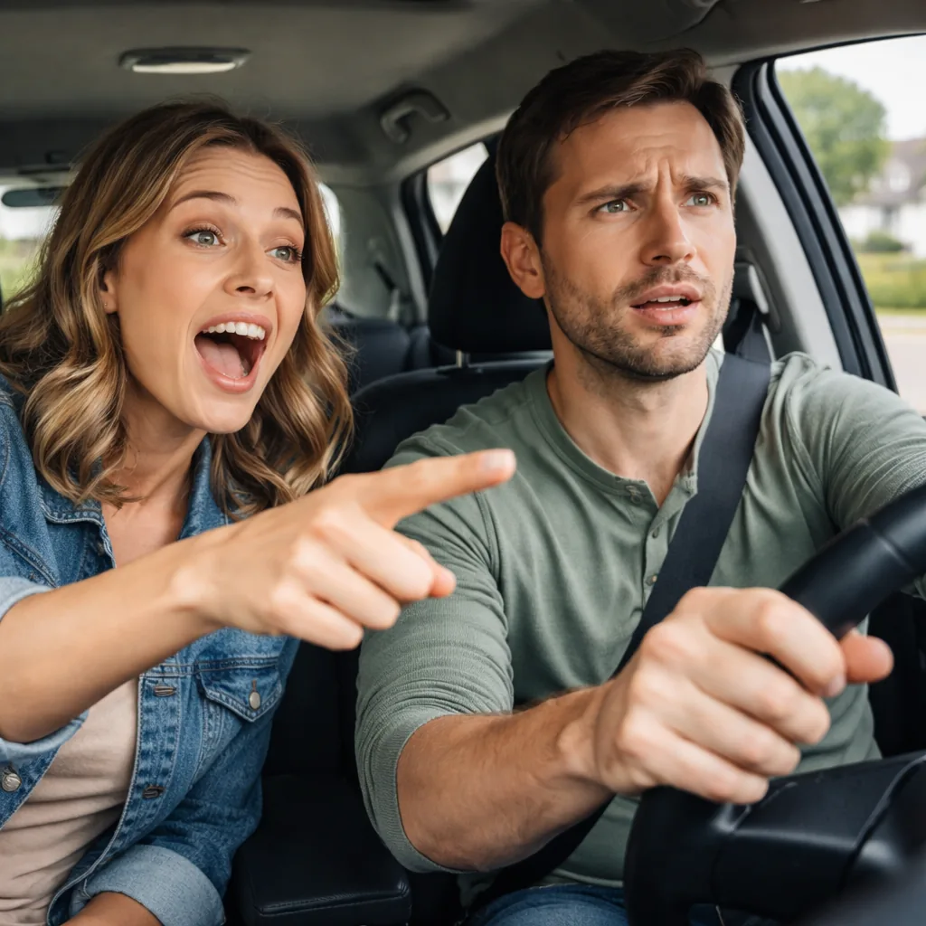 Realistic funny photo of a wife giving directions from the passenger seat while husband drives and looks confused, subur