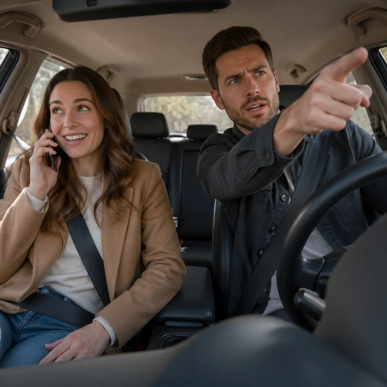 Realistic lifestyle photo of a husband confidently giving directions while pointing with conviction in the wrong directi