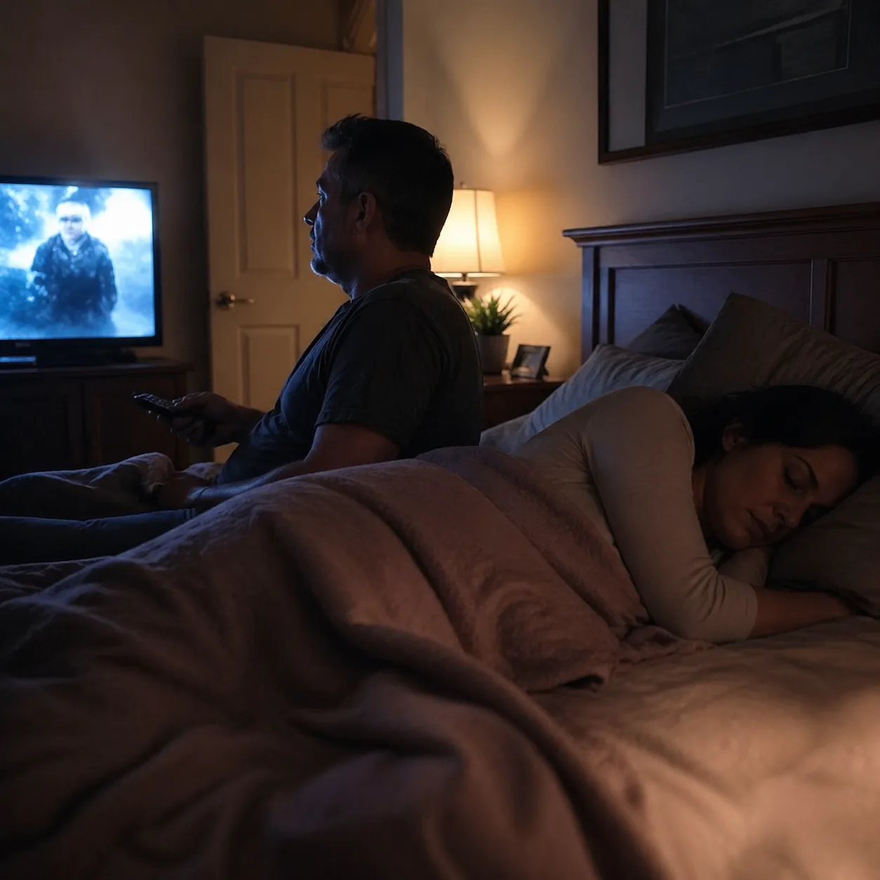 Realistic lifestyle photo of a husband watching a loud TV show late at night while his wife tries to sleep nearby