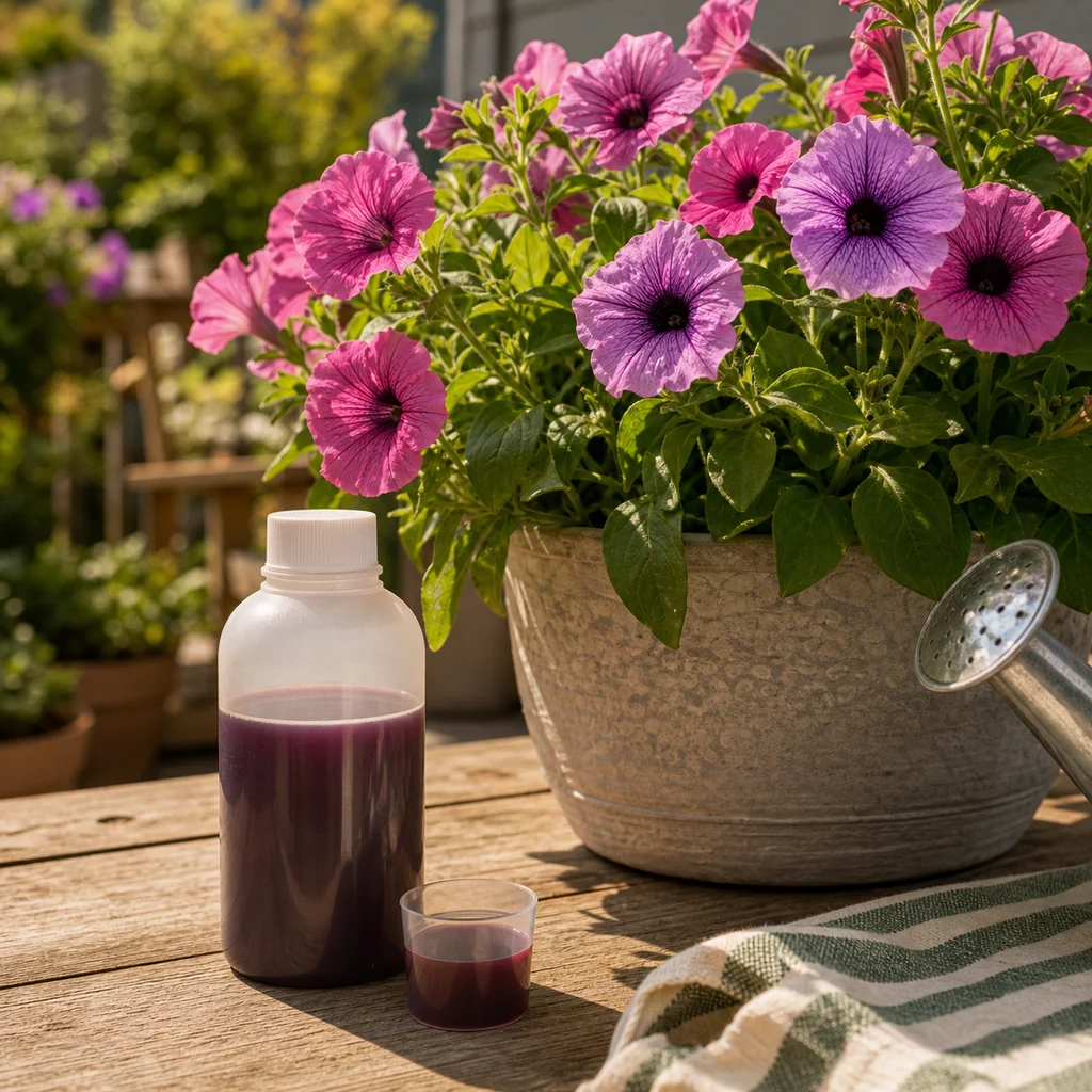 Liquid flower fertilizer and measuring cup beside blooming petunias on a sunny patio table
