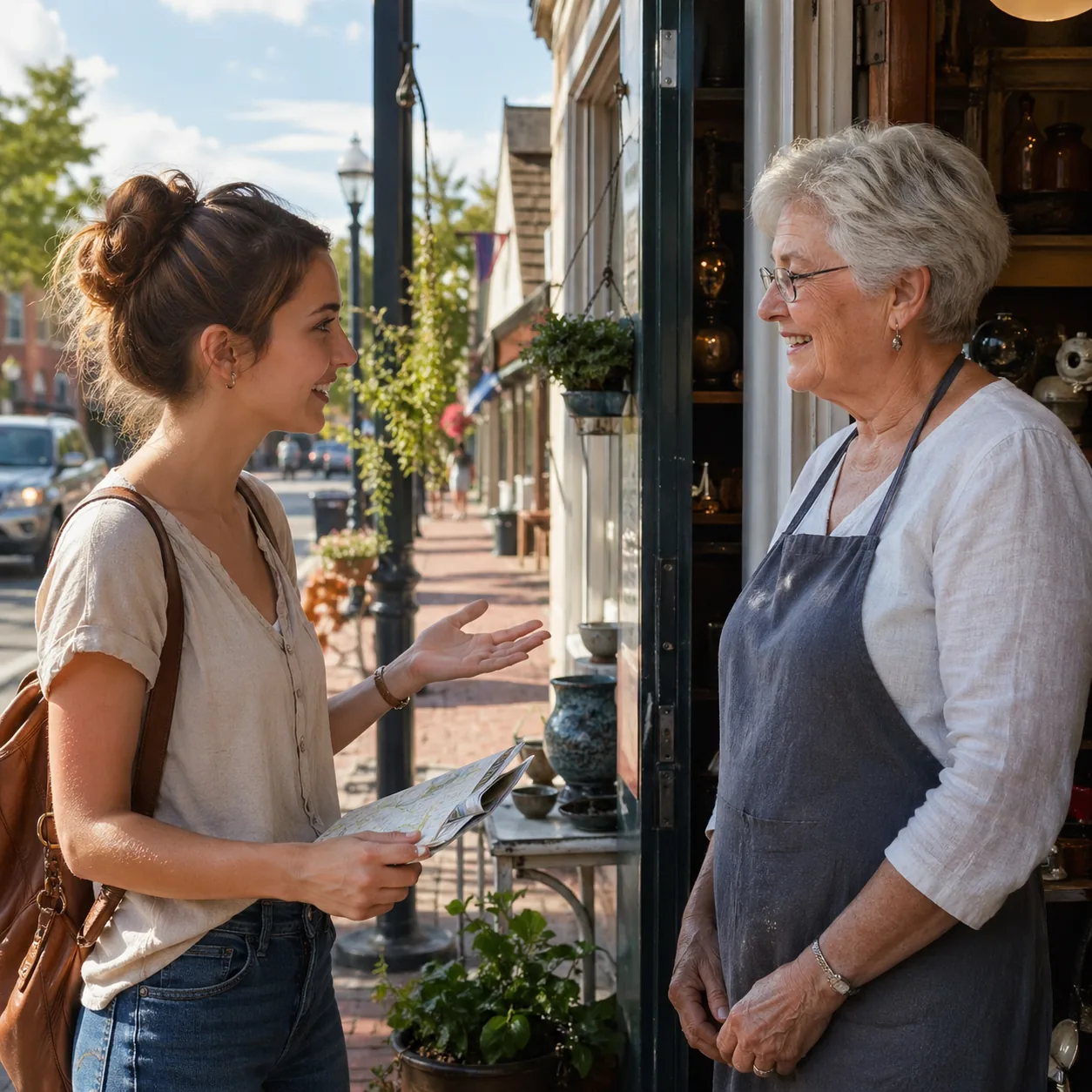 Warm editorial photo of a young woman politely asking an older shopkeeper for directions on a small-town main street, sm