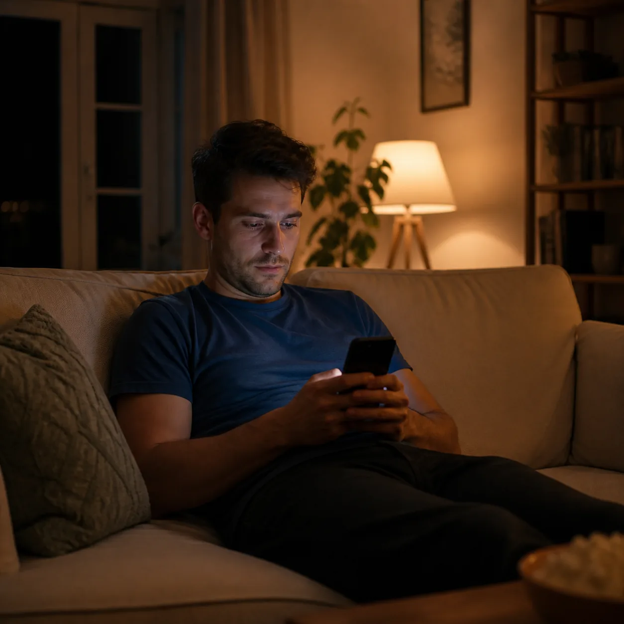 Warm lifestyle photo of a husband sitting on the sofa at night checking his phone while his wife is out