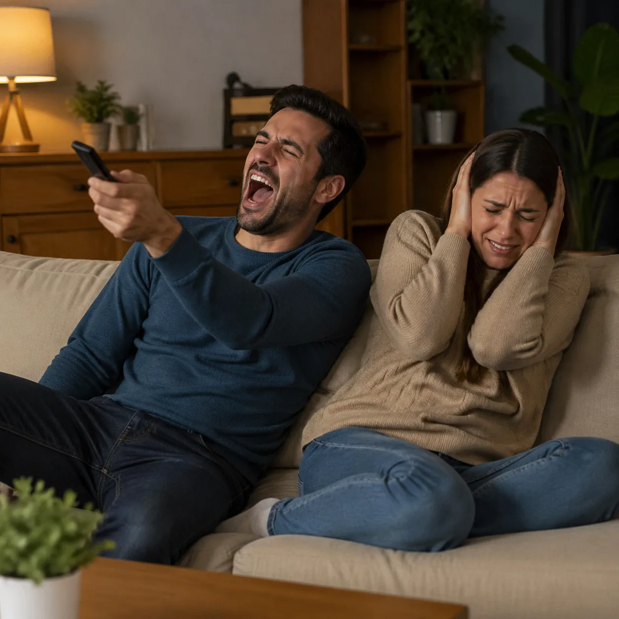 Funny realistic lifestyle photo of a husband holding a TV remote at maximum volume while his wife covers her ears