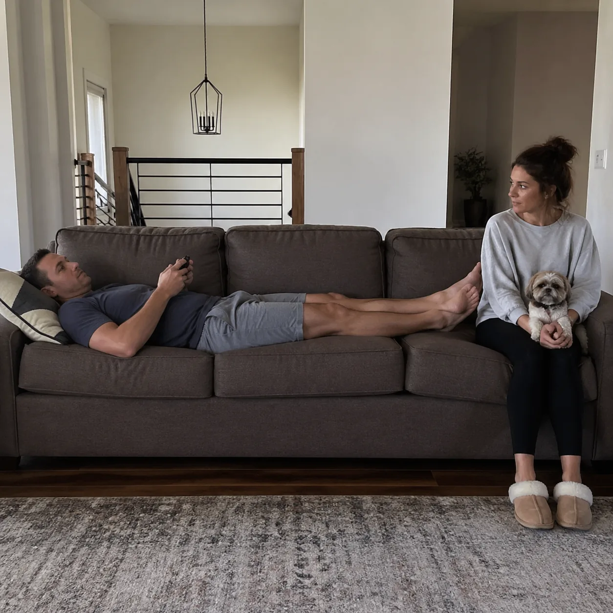 Funny realistic lifestyle photo of a husband stretched out across the entire couch while his wife sits on the very edge 
