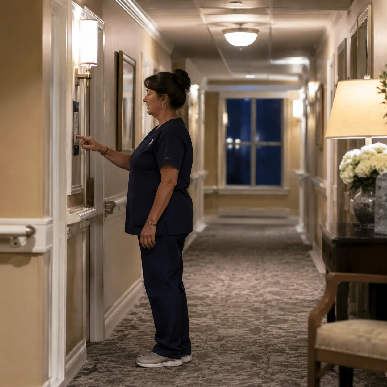 nighttime assisted living hallway with caregiver checking call light panel, realistic editorial lifestyle photography fo