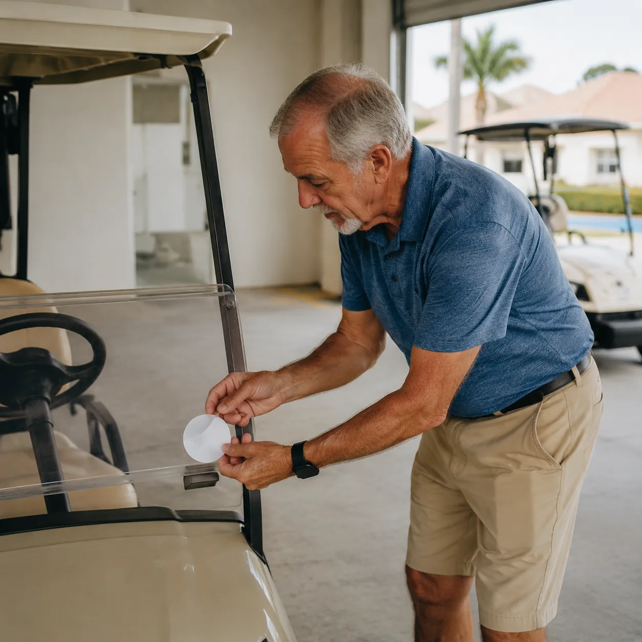 older man placing registration sticker on golf cart in retirement community garage, realistic editorial lifestyle photog