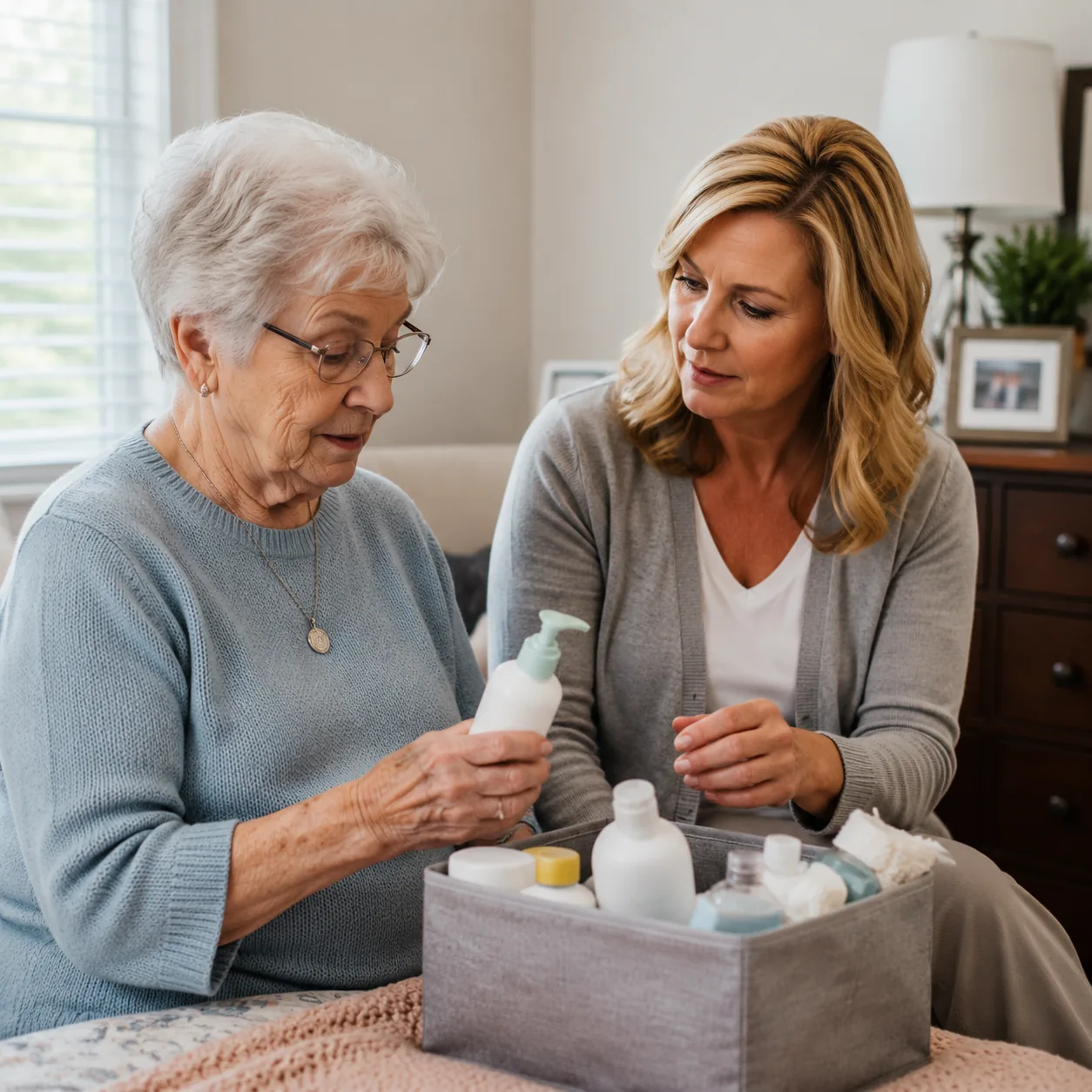 older woman and adult daughter quietly reviewing personal care supplies in assisted living room, realistic editorial lif