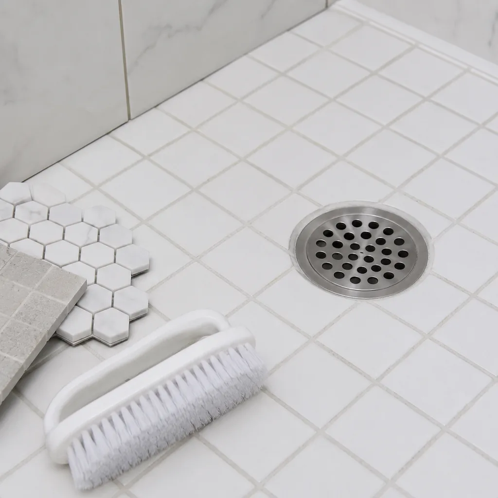 Realistic editorial close-up photo of white bathroom grout beside a shower drain with cleaning brush and tile samples