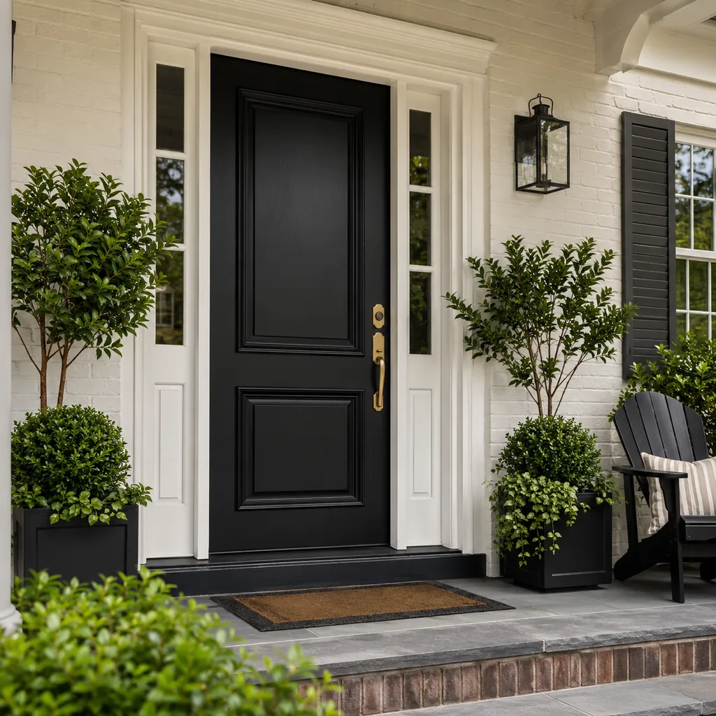 Realistic editorial photo of a black front door on an American home with trim, planters, hardware, and porch details showing front door color with real contrast