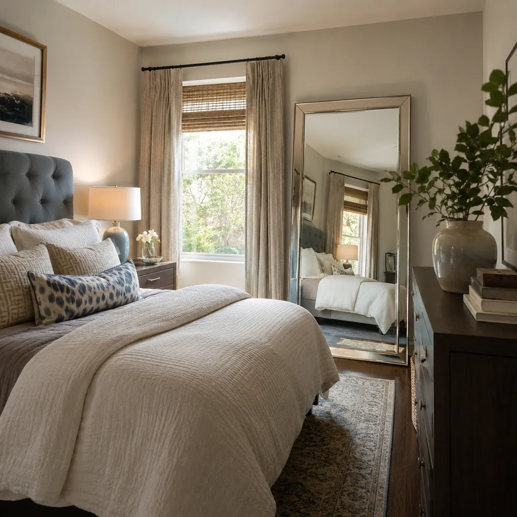 Realistic editorial photo of a compact American bedroom with bed, nightstands, window, dresser, and tight walkways showing mirror placed to borrow light