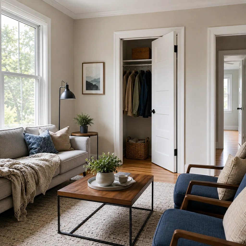 Realistic editorial photo of a compact living room with sofa, chairs, rug, coffee table, and window light showing closet door that opens cleanly