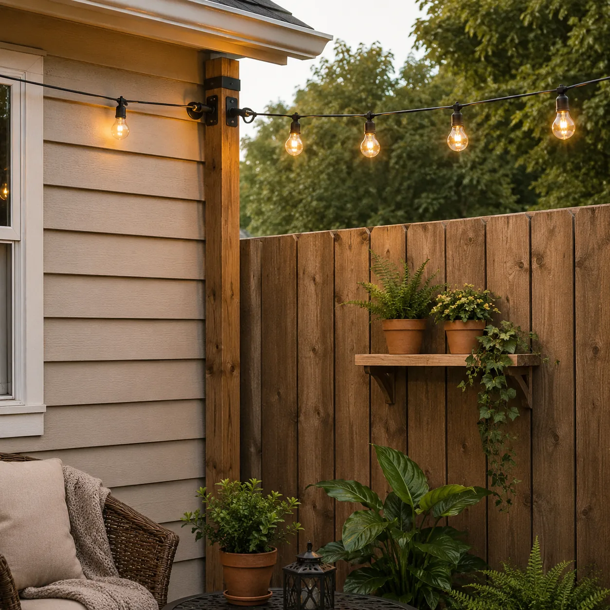 Realistic editorial photo of a corner string light kit in budget backyard weekend upgrade, realistic editorial photo, na