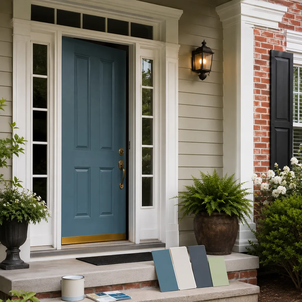 Realistic editorial photo of a front entry with door paint samples, brick, siding, plants, and trim showing comeback color used too literally