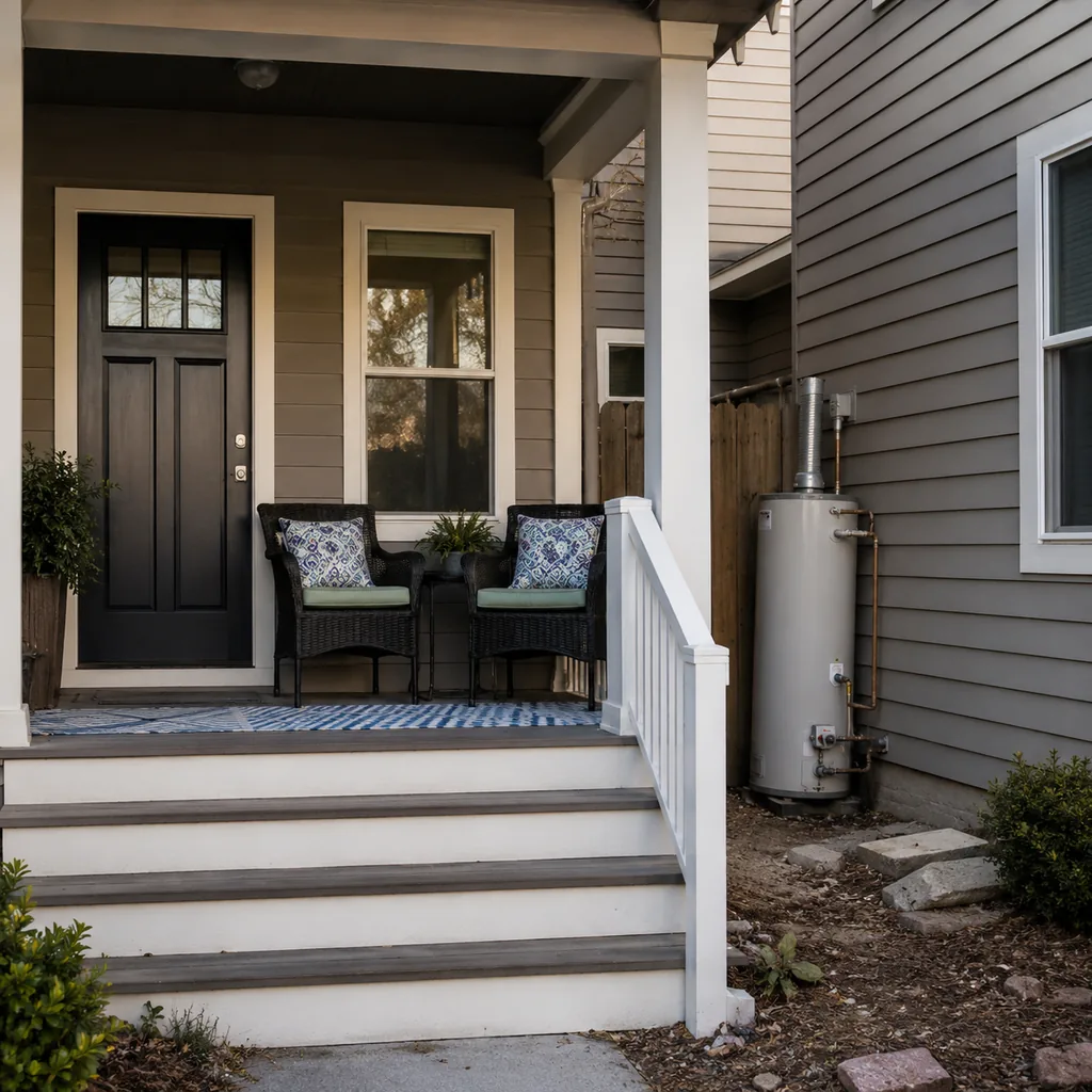 Realistic editorial photo of a front porch prepared for a home showing with steps, door, railings, seating, and curb appeal issues showing water heater without 
