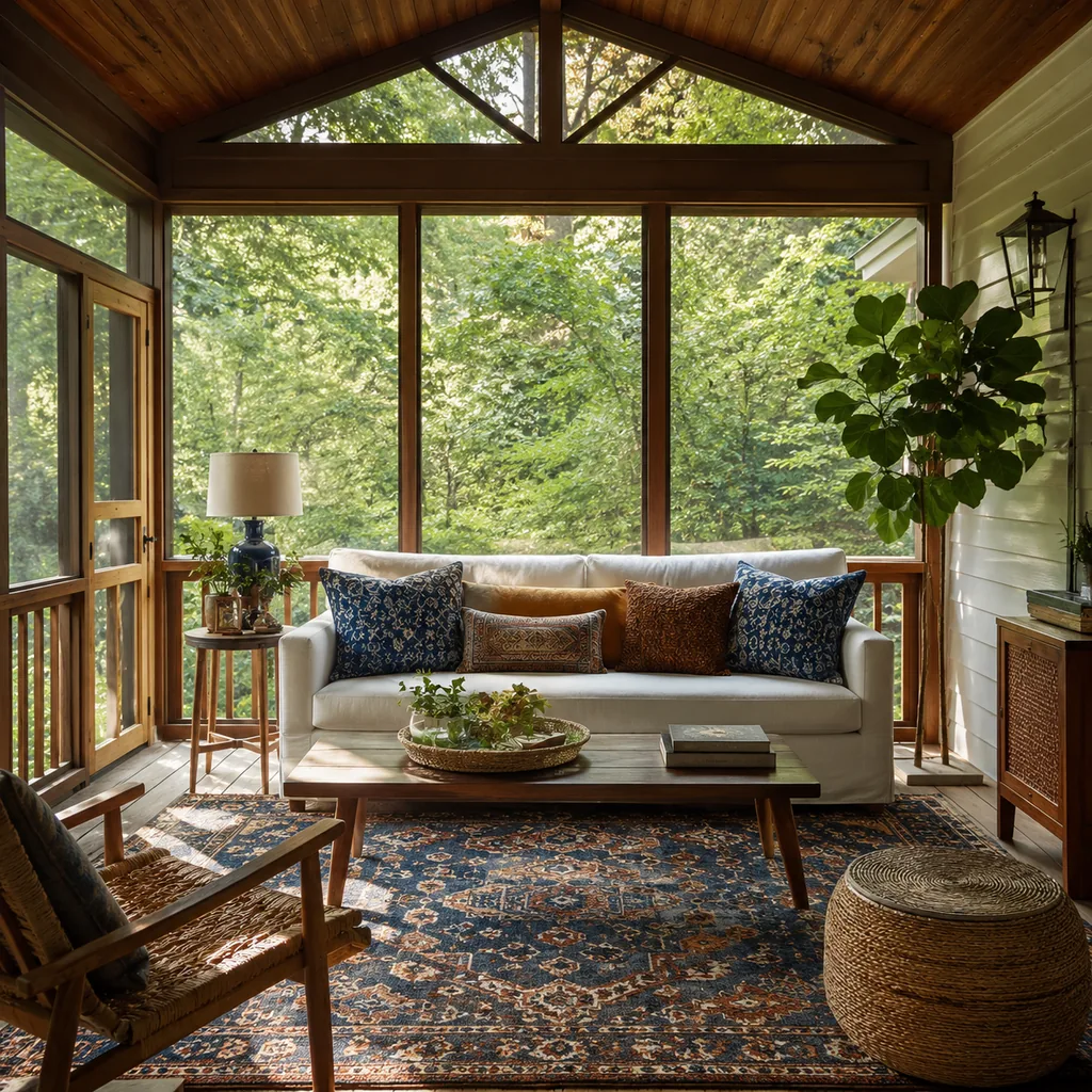 Realistic editorial photo of a home interior with vintage decor, modern furniture, warm wood, patterned accents, and layered lighting showing screened porch sty